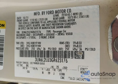 2016 Lincoln Mkz Hybrid z USA, uszkodzony, nr VIN 3LN6L2LU3GR623176